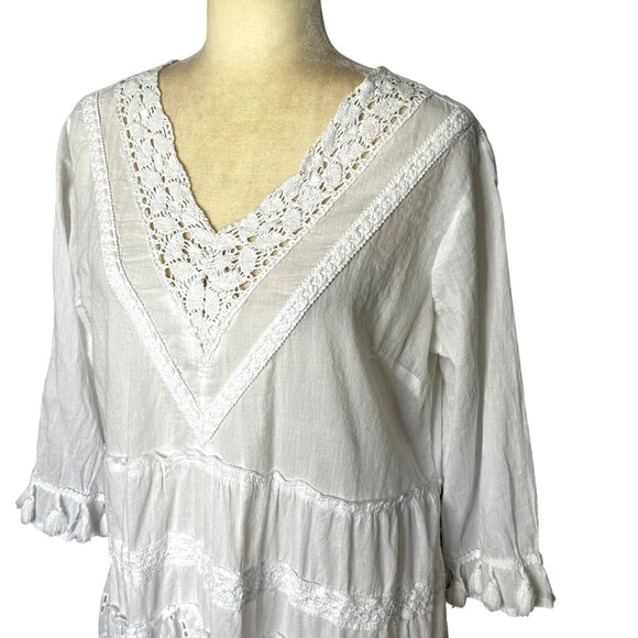 Me 2 Magic Mini Dress XL Cotton White Eyelet Lace Tassel Boho Prairie Beachy - Picture 2 of 12